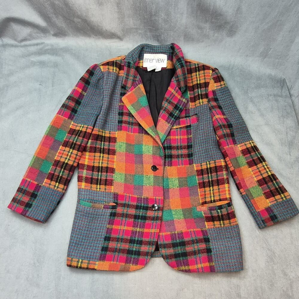 Vintage Inner View Academia Patchwork Plaid Wool Blend Blazer Jacket Colorful L